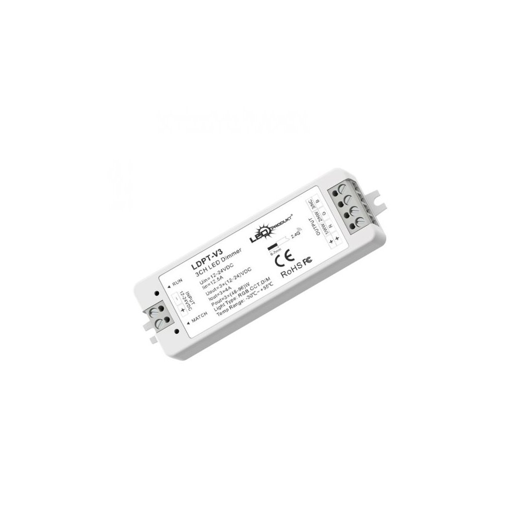 LED jednofarebný/ RGB/ DUAL-WHITE prijímač V3 RF 2,4GHz 12A - iconic-led.sk